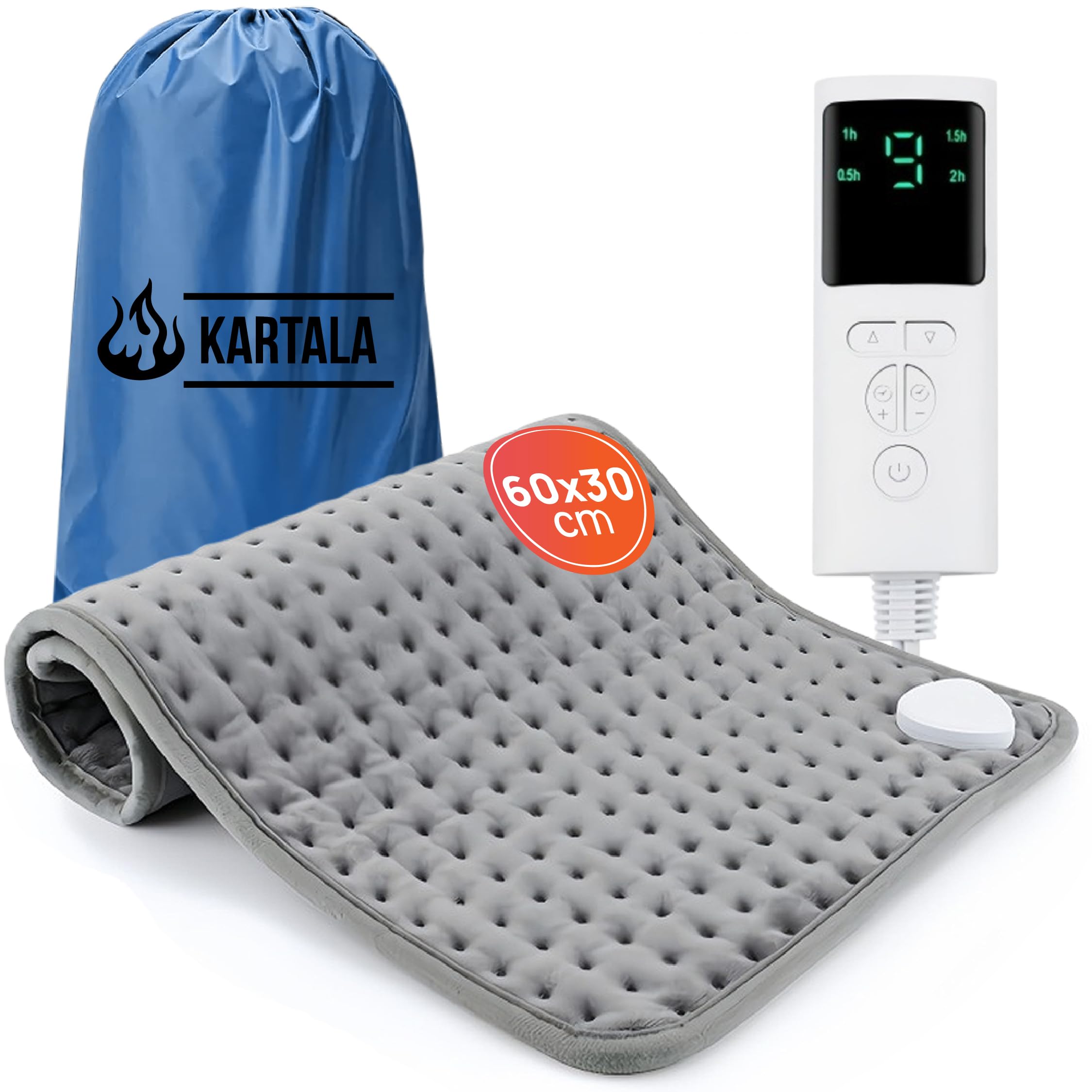 Super Pack Manta Térmica Lumbar Kartala 30×60 cm con Bolsa | Manta Eléctrica para Cuello, Espalda y Zona Lumbar | 9 Temperaturas, 4 Temporizadores | Lavable y Portátil
