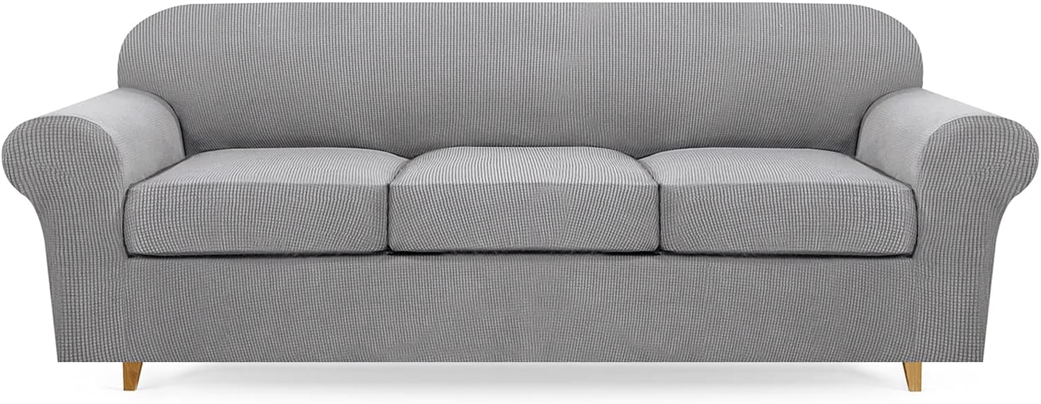 Lamberia High Stretch Sofa Cover for 3 Cushion Couch 4 Pieces Thick &Washable Plush Jacquard Sofa Slipover Couch Cover Furniture Protector for Dogs,Pets&Kids