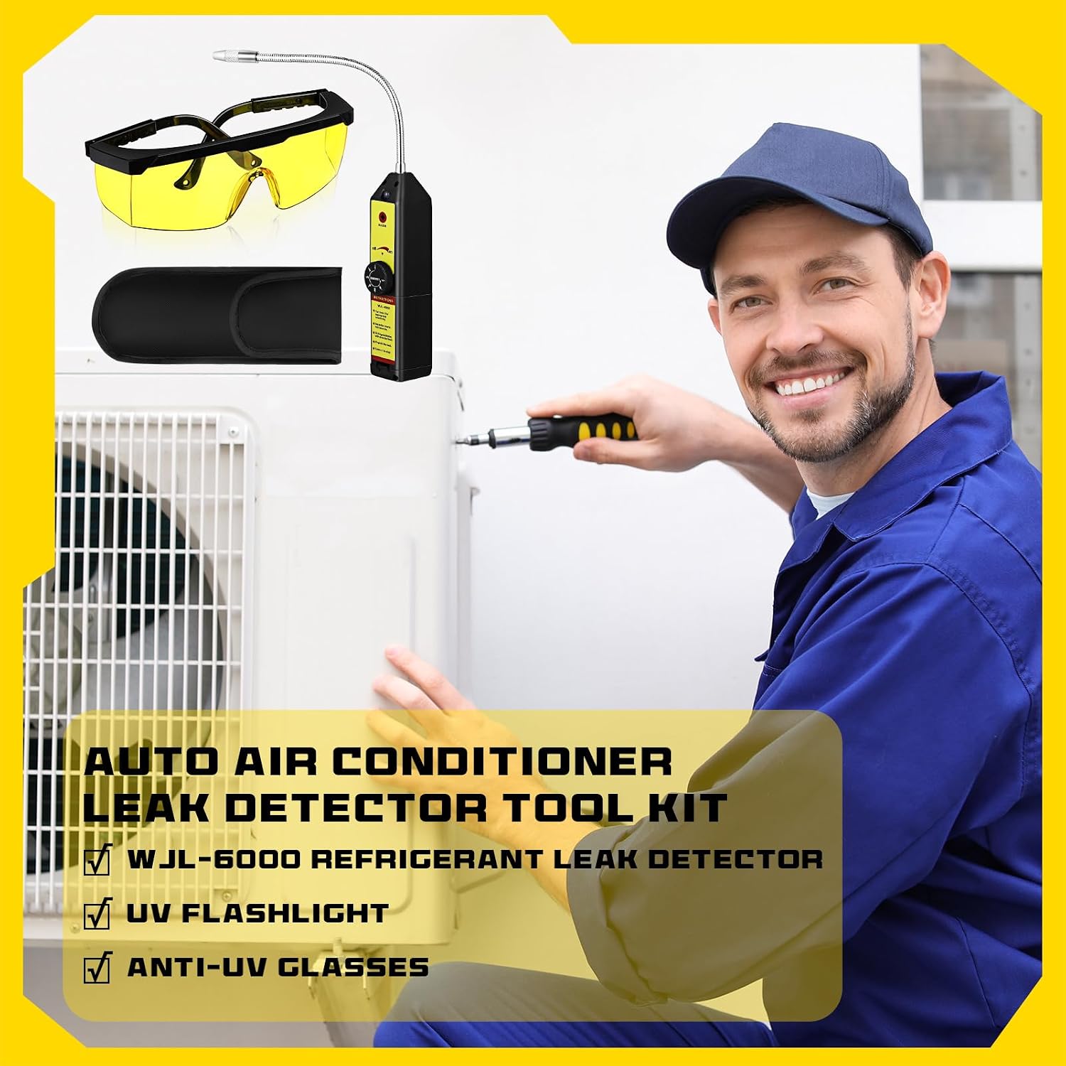 Tellegloww AC Leak Detector Kit, WJL-6000UV Refrigerant Leak Detector Auto Air Conditioner Tool Test Detection Kit Halogen Gas Leakage Tester UV Protective Glasses AC Sniffer R22 R410A R134A 1234YF