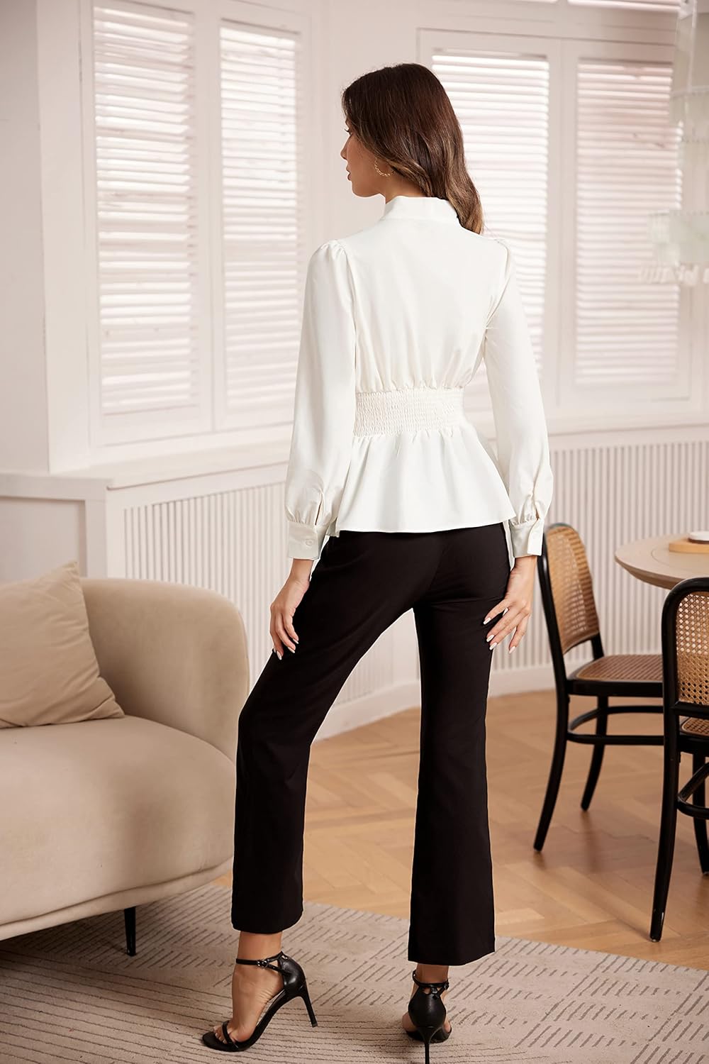 GRACE KARIN Women's 2025 Long Sleeve Peplum Dressy Shirt Office Bow Tie Work Blouses Tops Smocked Waist - Image 4