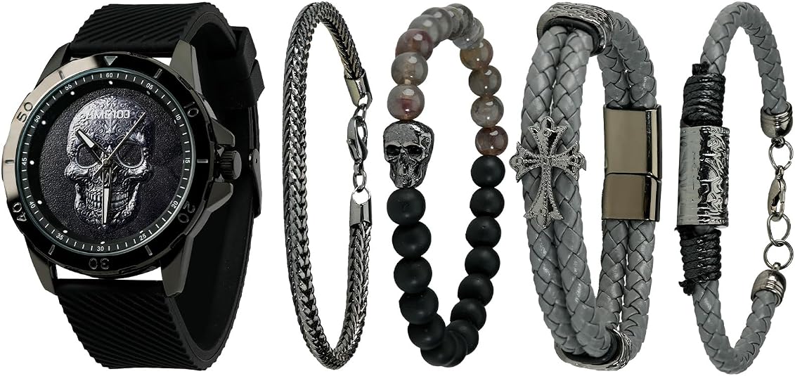 TIME100 Men's Skull Watch with Stackable Bracelet Set, Silicone Band