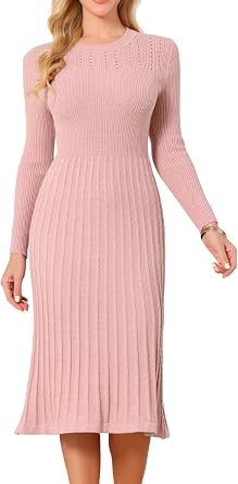 Seta T Womens Crewneck Sweater Dress Knit Long Sleeve Midi Ribbed A-Line Dress
