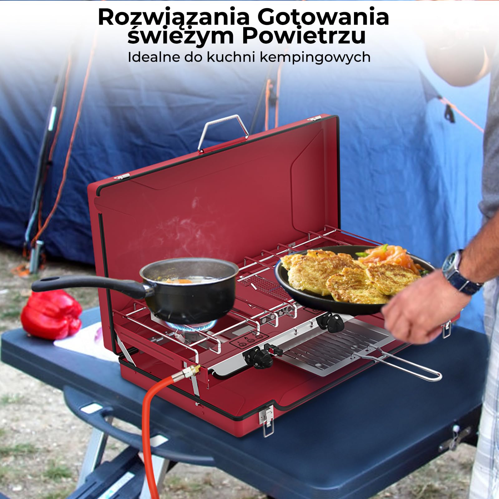 CAMPLUX JK-5330-DE kuchenka kempingowa z 3 palnikami z pokrywką, 4,5 kW, kuchenka gazowa z regulatorem gazu 50 mbar, butan/propan, wiatroszczelna