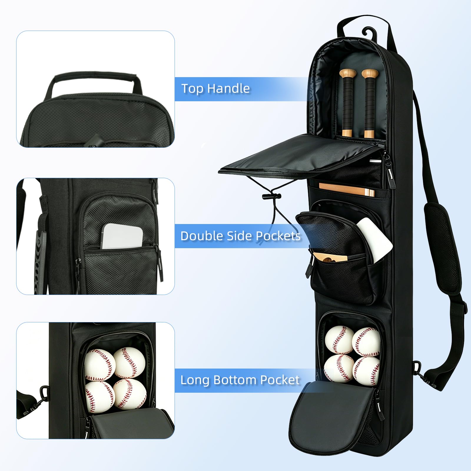 Baseball-Tasche für 3-4 Schläger, mit Zaunhaken und verstellbarem Schultergurt