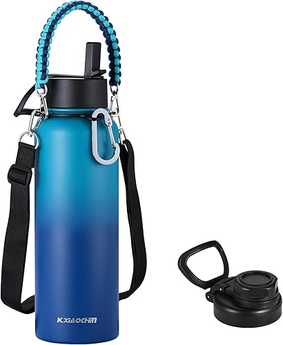 Miniatura 19 de KXIAOCHEN Botella de agua aislada, botella de agua de acero inoxidable, 2 tapas (con pajilla y tapa con asa), botellas de agua metálicas de boca