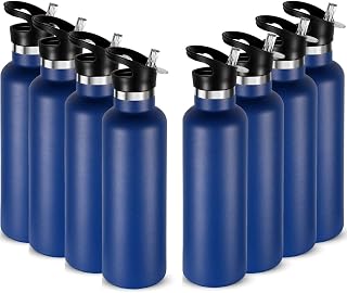 Neihepal 24oz Insulated Water Bottles Bulk 8 Pack,Stainless Steel Double Wall Sport Bottle with Straw Lid,Metal Reusable Thermoses Cup with Hand Cap for School,Cyclists,Hikers,Gift (Navy,Set of 8)