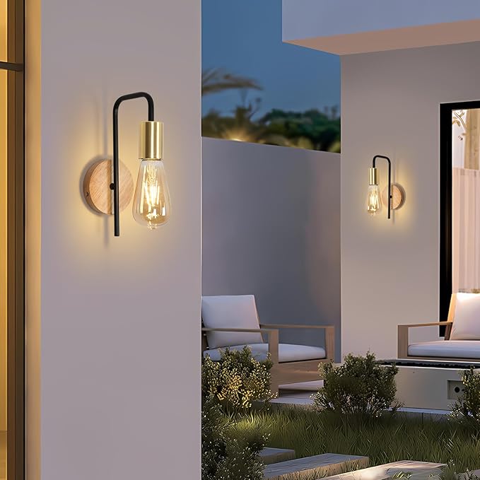 Osairous Vintage 2 Pack Wandlamp, Industriële Interieur Wandlamp, Retro IJzeren Wandspot voor Slaapkamer Gang Bar, E27, IP20, Houtkleur, Zonder Lamp photo 3