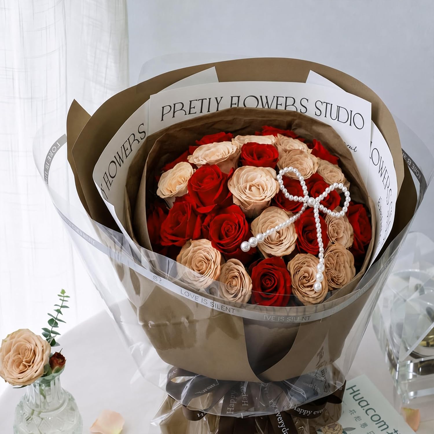 LeZakaa 20 Sheets Flower Wrapping Paper - Waterproof Reversible Floral Bouquet Paper - Brown Design for Valentine's Day, Mother's Day, Parties, Birthdays, Weddings, Baby Shower