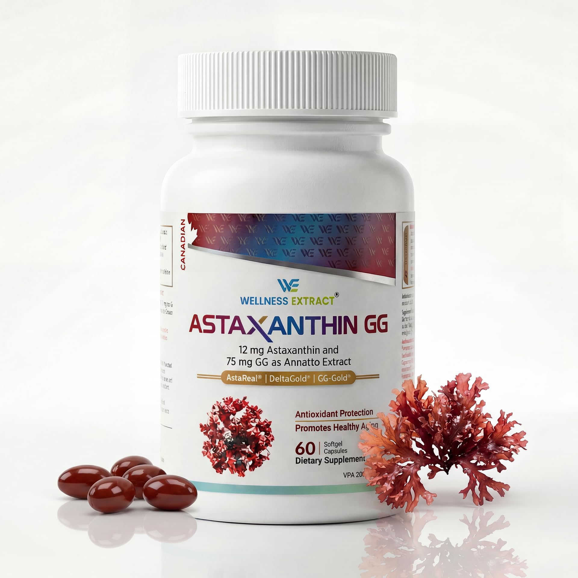 WELLNESS EXTRACT Astaxanthin-GG Natural AstaREALTM Astaxanthin MicroAlgae for Eye & Skin Health, Geranylgeraniol, Vitamin E Tocotrienol DeltaGold, Healthy Aging, Antioxidant Health; 60 Softgels.