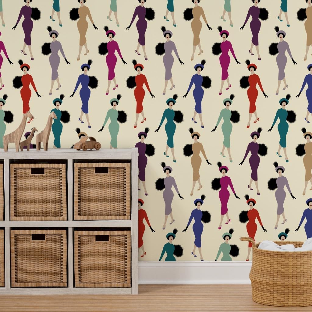 Peel & Stick Wallpaper 3ft x 2ft - Vintage Ladies Retro Fifties Fashion Custom Removable Wallpaper by Spoonflower