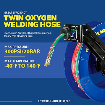 Goodyear Retractable Welding Hose Reel - Twin Oxygen Acetylene Rubber Hoses, Heavy Duty Single Arm, 300 PSI Industrial Standard Duty (1/4 x 50')