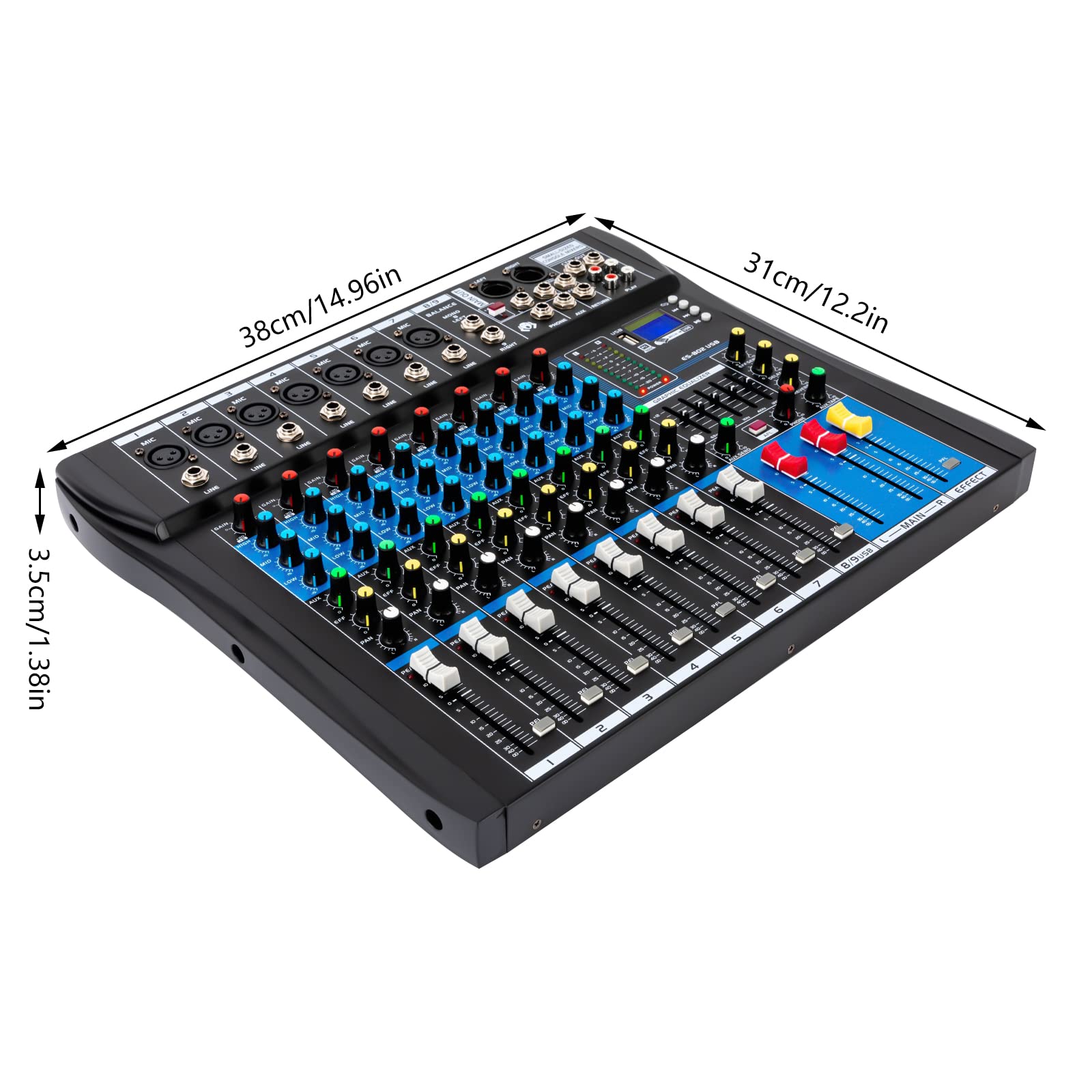Consola de mezcla profesional 48V 8 canales con entrada digital USB MP3 Bluetooth Pantalla LCD Estéreo DJ Audio Mixer para festivales de música Estudios de grabación 38x31x3.5cm