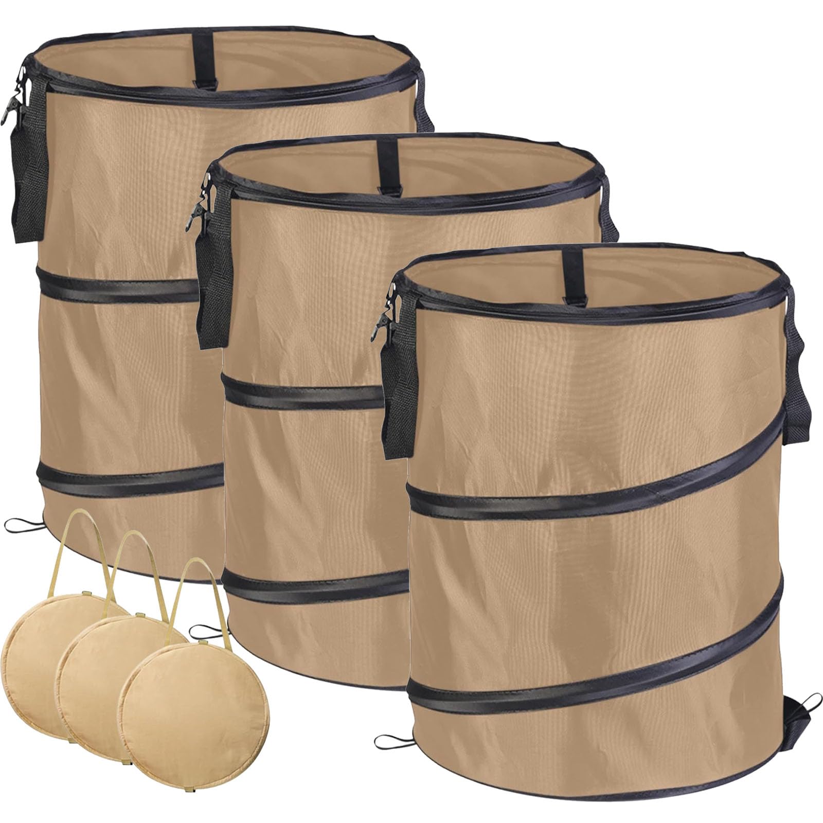 Garden Waste Bag,Oxford Cloth Collapsible Pop-up Large Heavy Duty Sack With Handles For Waste Rubbish Toys Leaves Storage, Reusable Durable Gardening Container for Lawn Care (Khaki-37L-3Pcs)