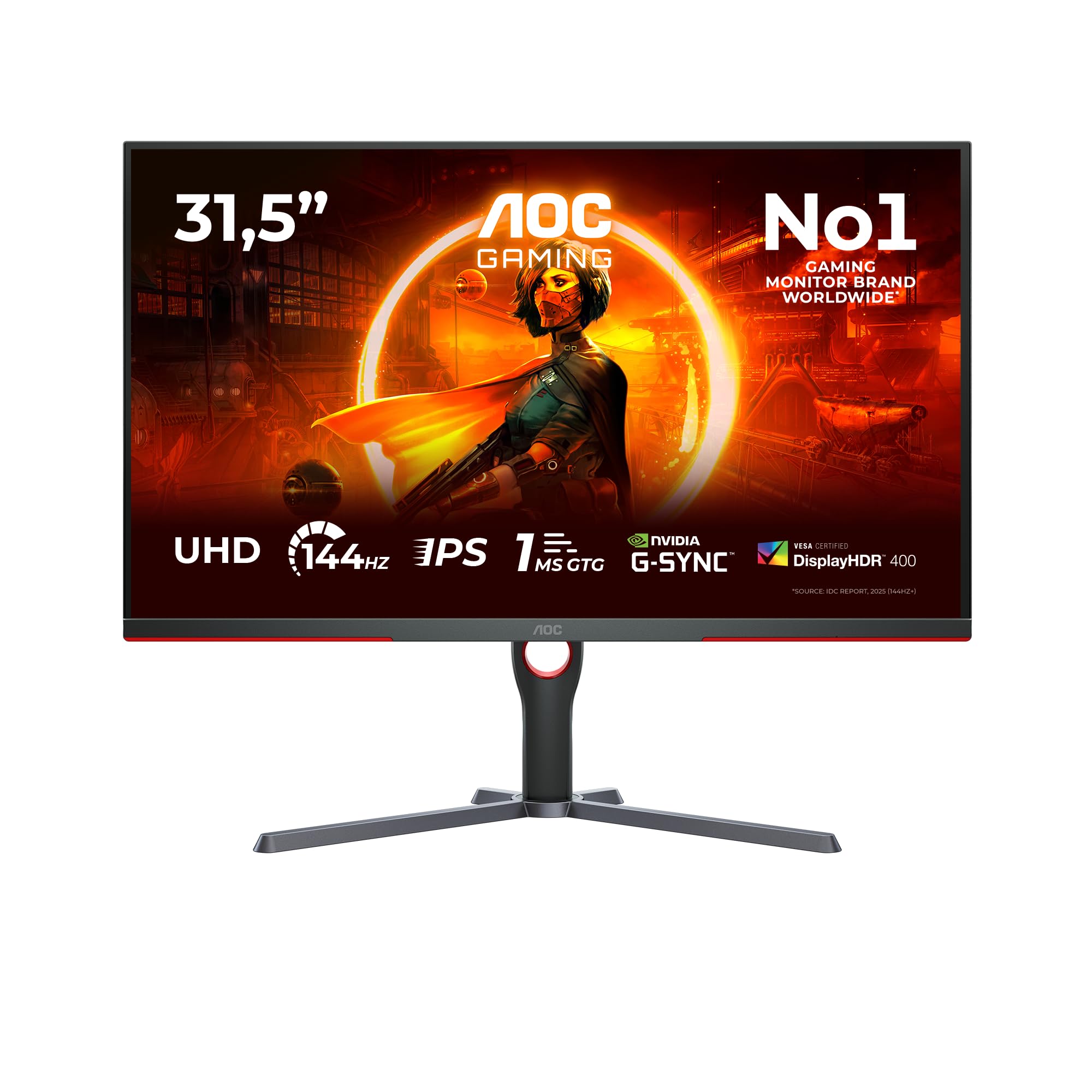 AOC Gaming U32G3X - Monitor UHD da 32 pollici, 144 Hz, FreeSync Pre., G-Sync comp., HDR400 (3840x2160, 1ms GtG, HDMI 2.1, DisplayPort) nero-rosso