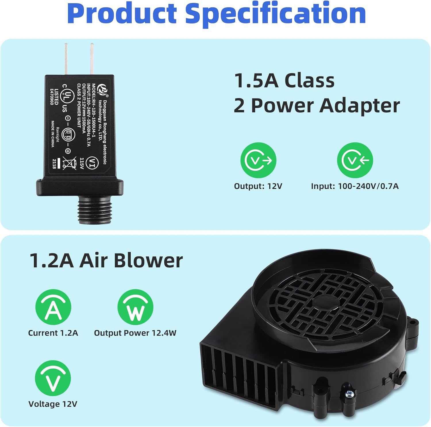 Replacement Blower Fan for Inflatables, 12V 1.2A Air Blower with 7 LED Light Strings and 1.5A Adapter for Christmas Halloween Thanksgiving Yard Inflatables Decorations Outdoor