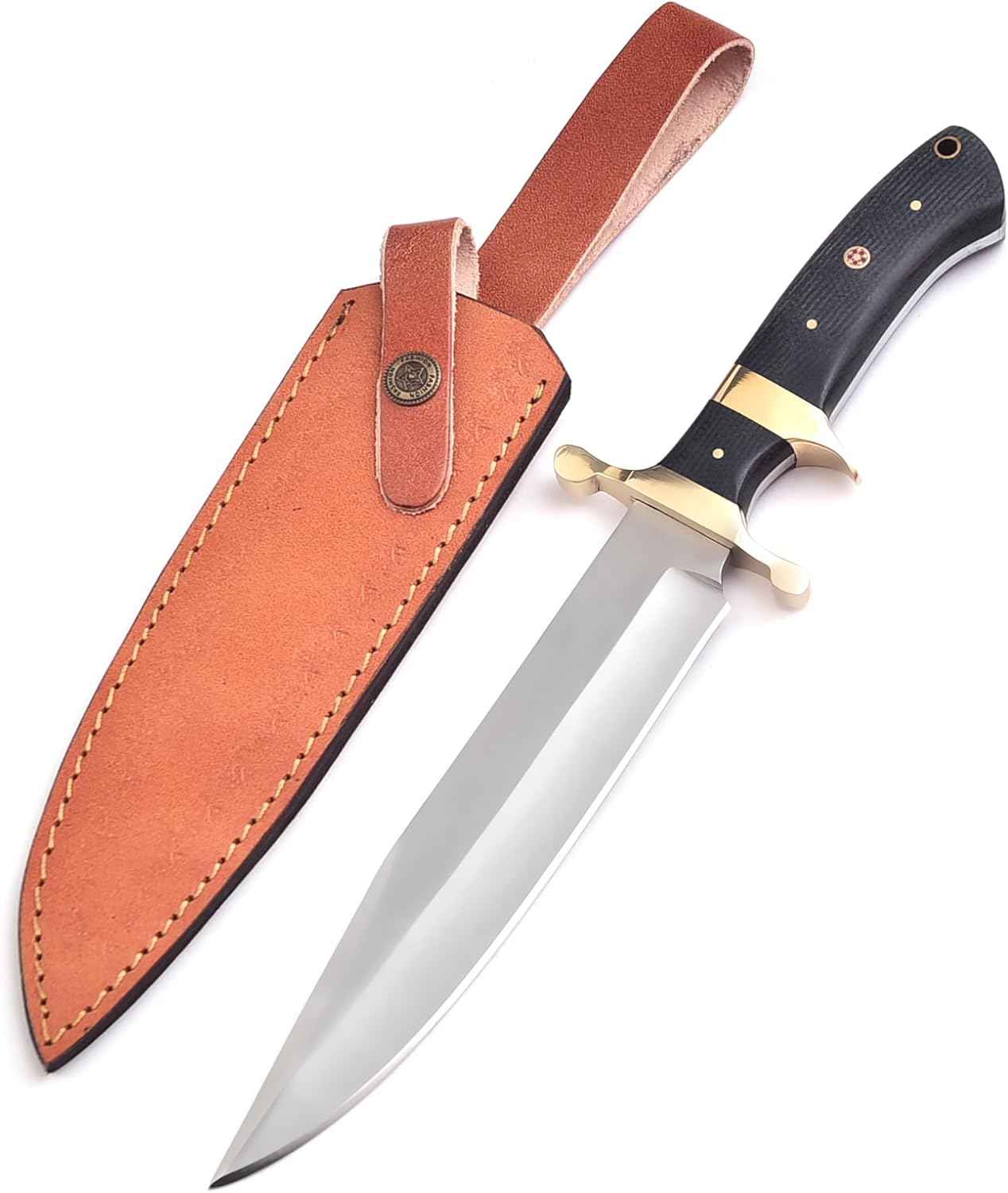 Nesmo - 053 Handmade D2 Steel Hunting Knife, Black Micarta Handle, Brass Bolsters, Full Tang Fixed Blade, Premium Leather Sheath