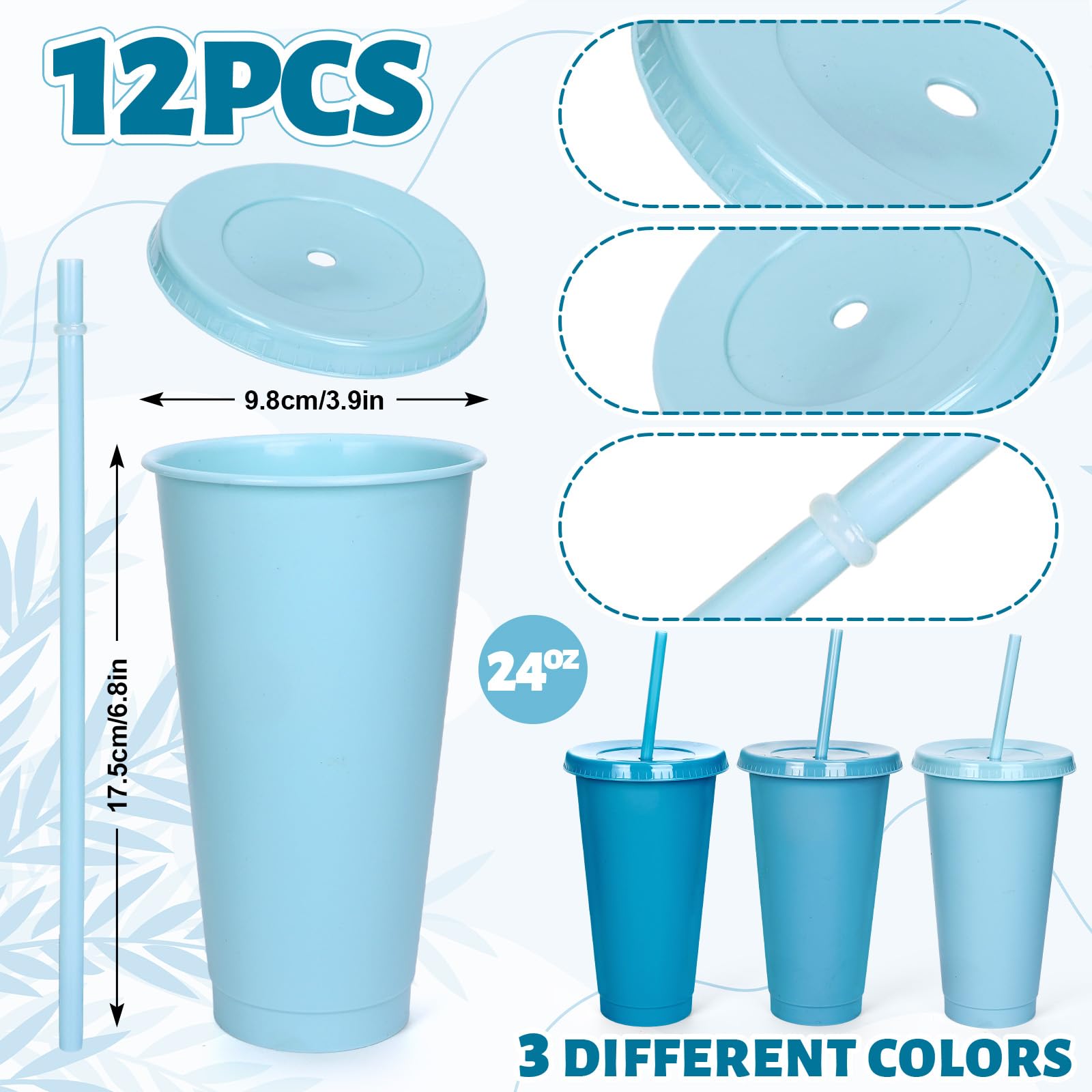 Whaline Lot de 12 gobelets en plastique réutilisables avec couvercles plats avec couvercles plats – Gobelets de voyage réutilisables pour café glacé, boissons, boissons – 3 couleurs – Accessoires de