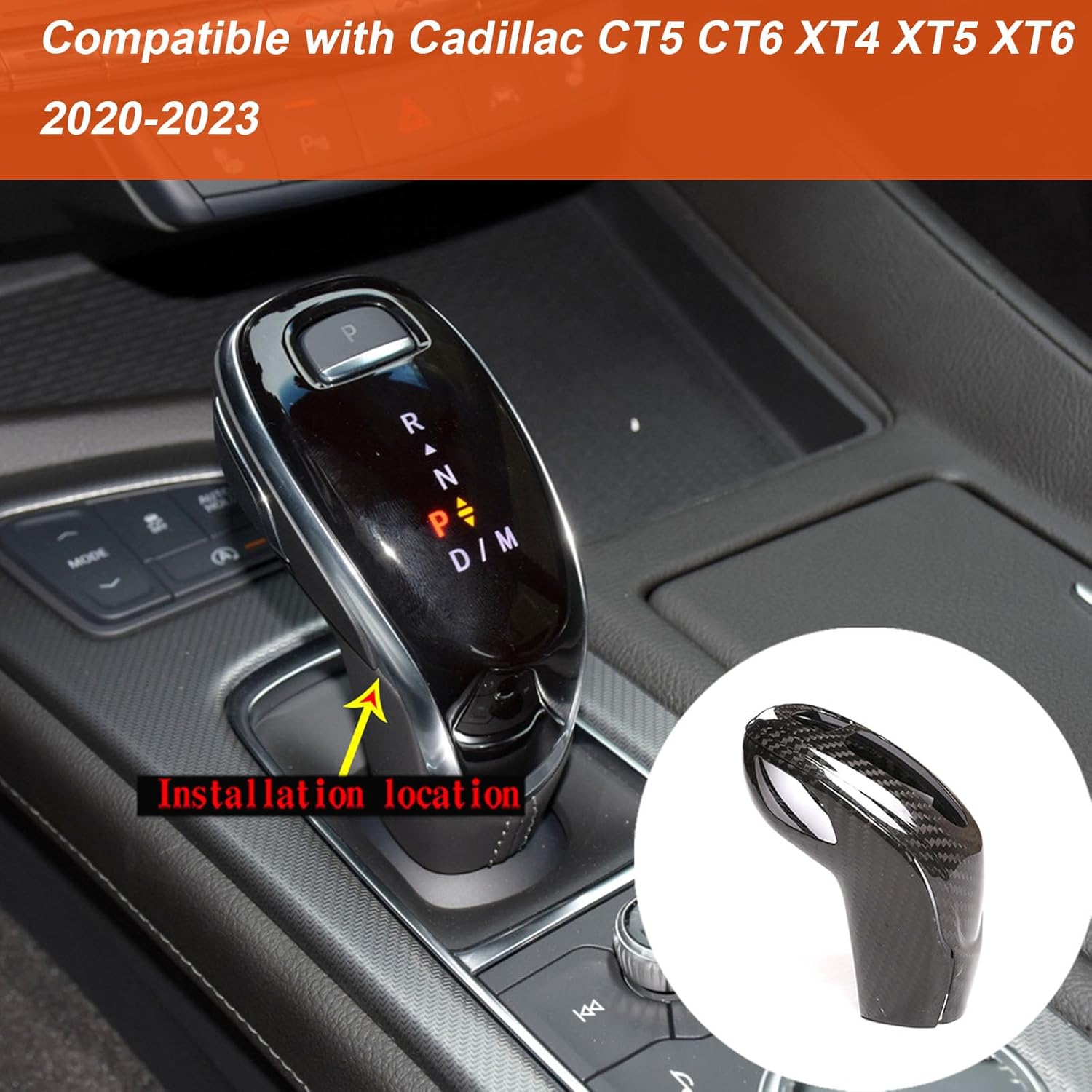 Gear Shift Knob Head Cover Trim Compatible with Cadillac CT5 CT6 XT4 XT5 XT6 2020-2023,Real Carbon Fiber Car Gear Shift Knob Cover Trim Decoration Accessories (Black)