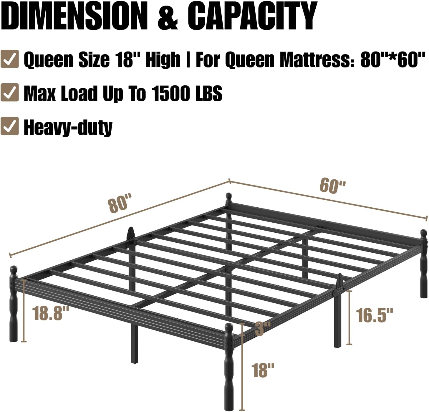 18 Inch Queen Bed Frame, Heavy Duty Metal Platform with Anti-Slip Design to Prevent Mattress Sliding, with Storage Space, No Box Spring Needed, Easy Assembly