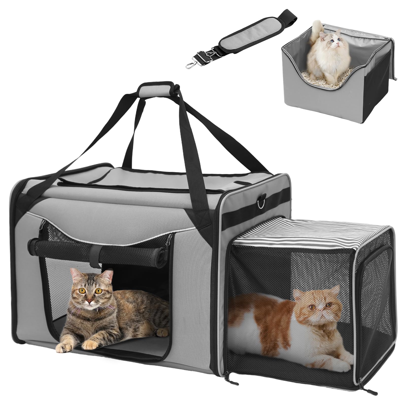 Trasportino per Gatti Pieghevole con Lettiera per Gatti, 60x42x57 cm, Grigio