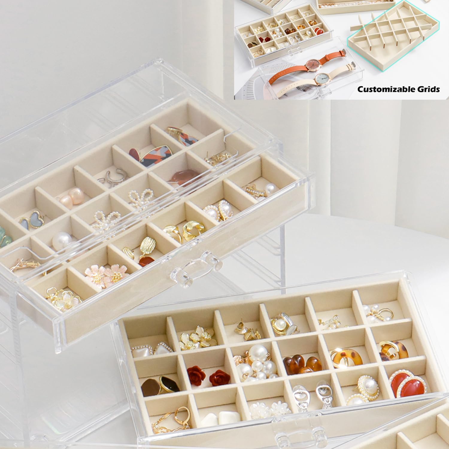 Jewelry Organizer with 5 Drawers Clear Acrylic Earring Display Case Velvet Jewelry Storage Box Display Holder for Earring Ring Bracelet Necklace (Beige, 66 Grids) - Image 6