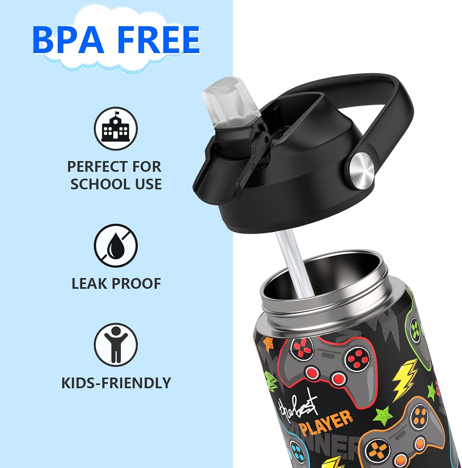 Boys Insulated Water Bottle with Straw,12 oz Kids Cups with Stainless Steel Leak Proof for School Daycare(Game) - Image 3