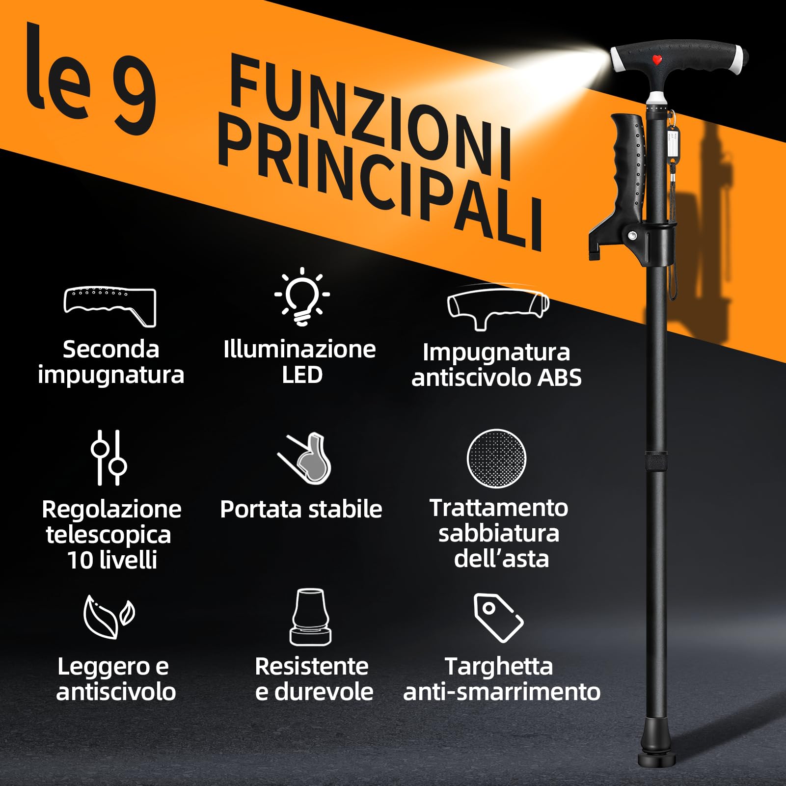 Bastone da passeggio regolabile per uomo e donna, doppio manico regolabile, bastone da passeggio con luce a LED, bastoni per anziani e persone con diversi tipi di artrite