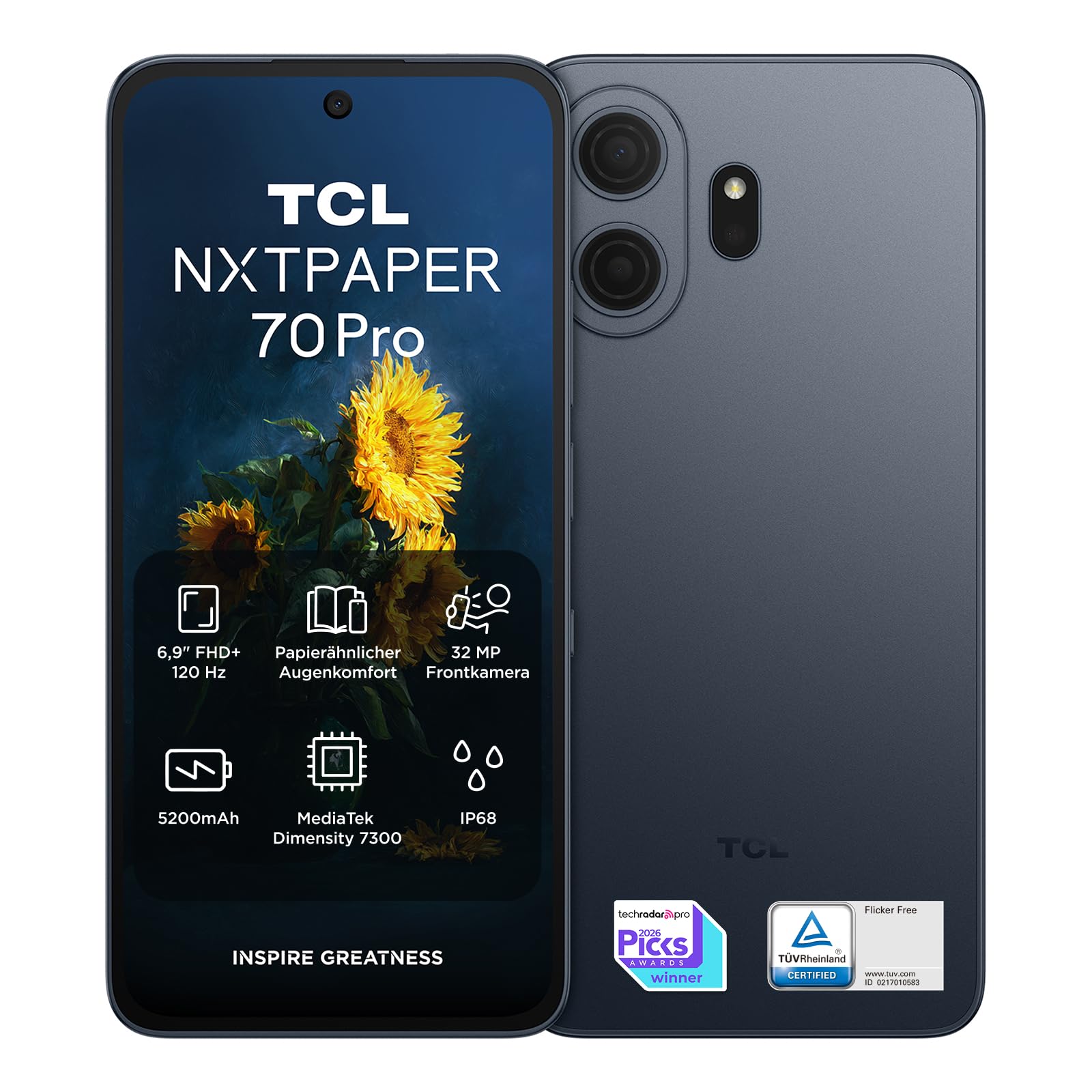 TCL NXTPAPER 70 Pro 5G Android Smartphone mit 6,9 Zoll Natürlichem Licht Display,NXTPAPER 4.0,120Hz FHD+,50MP 1.0um OIS Kamera, MuseFilm, 8GB RAM+512GB ROM, Bequemes Lesen, AI-Produktivität