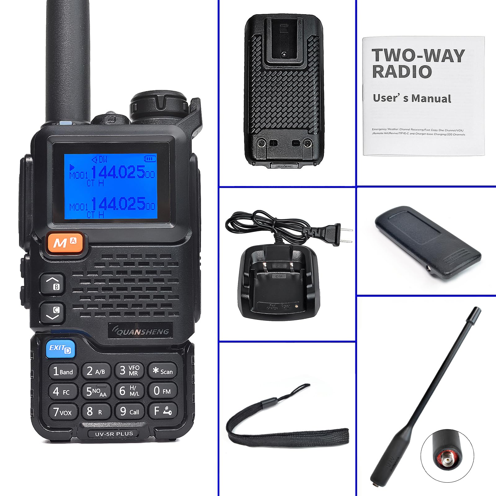 Quansheng UV5R Plus VHF UHF portátil Walkie Talkie FM NOAA Radio bidireccional para Estudio/al Aire Libre/Coche (con Auriculares Rojos en Forma de G)