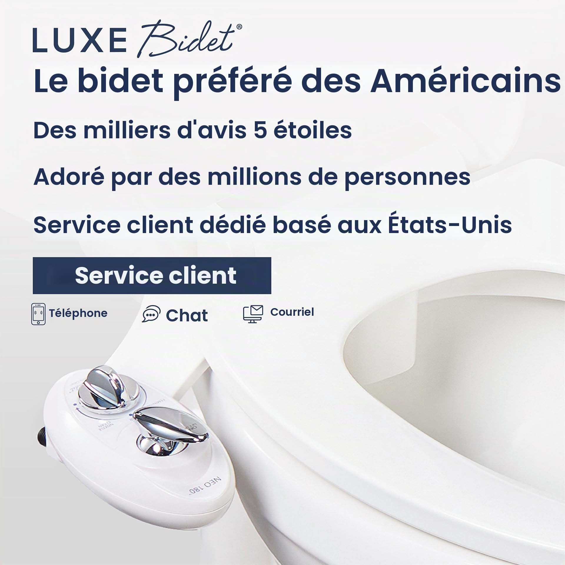 LUXE Bidet NEO 180 - Bidet non électrique avec auto-nettoyage, double buse et fixation pour siège de toilette - Pression de l'eau réglable, modes lavage arrière et intime, commande par levier, blanc