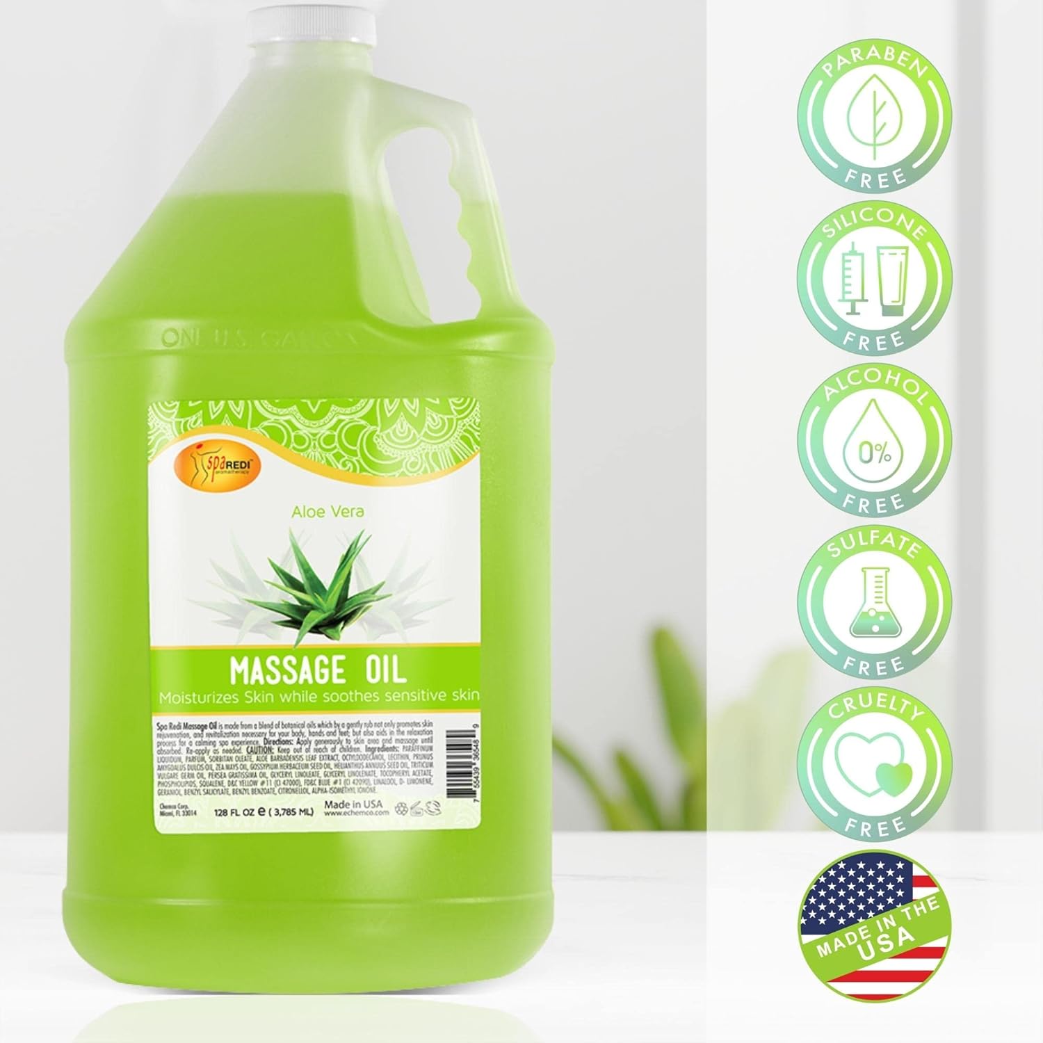 SPA REDI - Massage Oil, Aloe Vera, 128 Oz - Professional Pedicure, Manicure, Full Body Massage Therapy, Made with Almond Oil, Cotton Seed Oil, Sunflower Oil, Avocado Oil, Essential Oils, Vitamin E