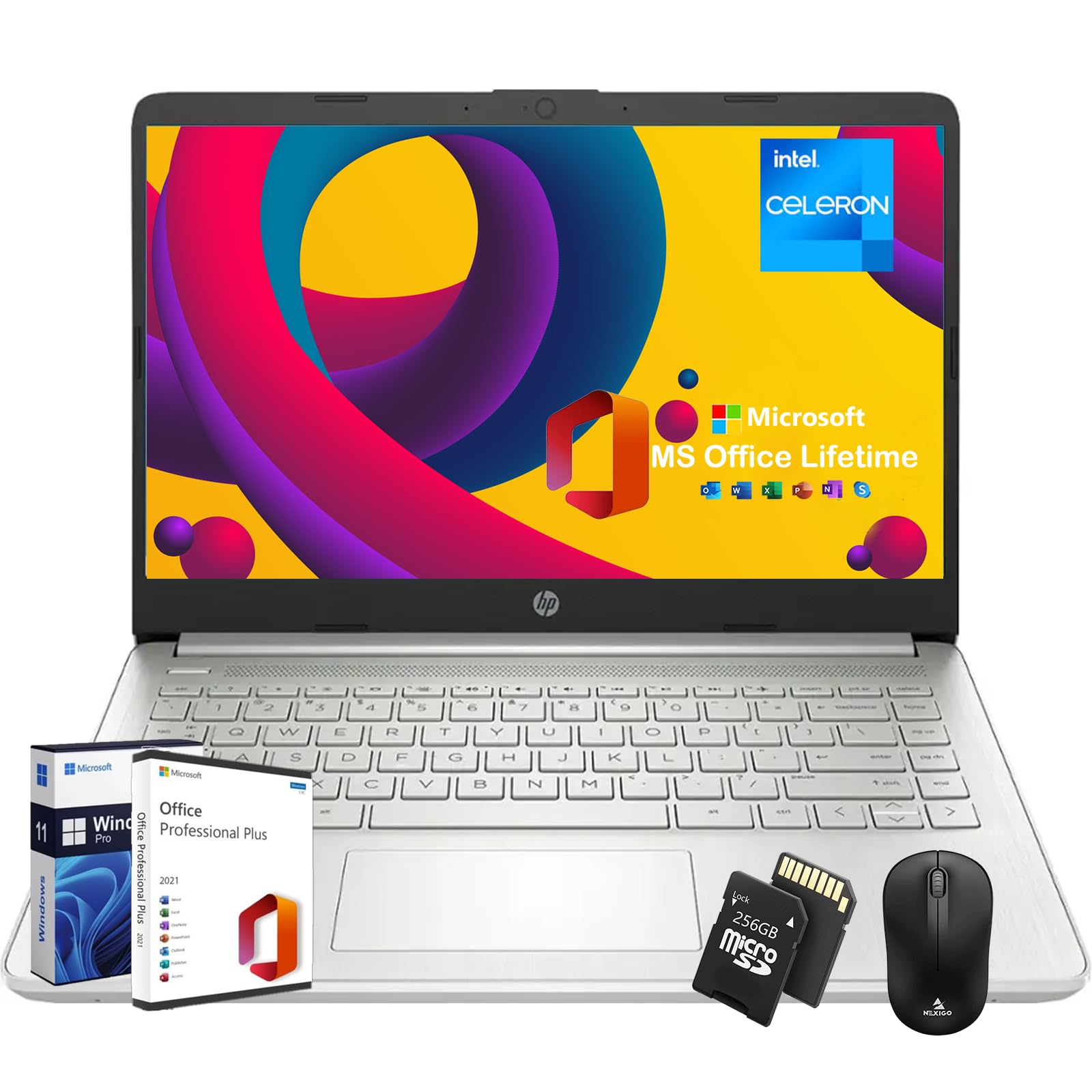 HP 14" Laptop Student & Business - Office Lifetime & Windows 11Pro, HD Display, Bright View, Ultra Light, Webcam, WiFi, 16GB RAM, 128GB eMMC & 256GB Extended Micro SD, Silver