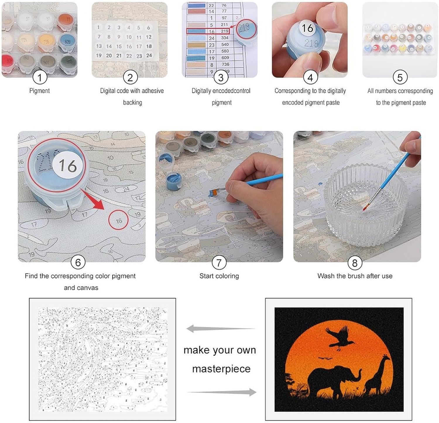 Silhouette African Animals Sunset Funny Digital Oil Painting Horizontal DIY Printed Artwork by Number Kits Decor Gifts for Adults