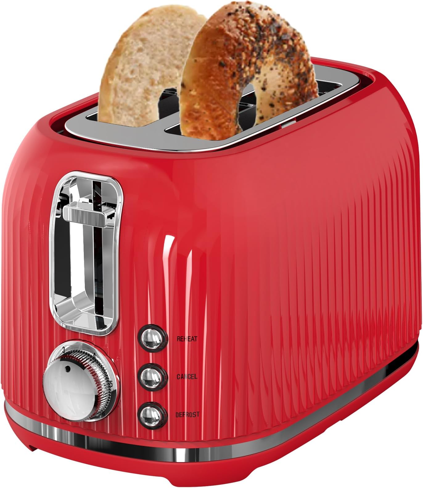 2-Slice Toaster with Extra Wide 1.5" Slots, 6 Browning Levels, Removable Crumb Tray, Defrost, Reheat & Cancel Functions, High-Lift Lever, Easy to Clean, Red & Silver Chrome