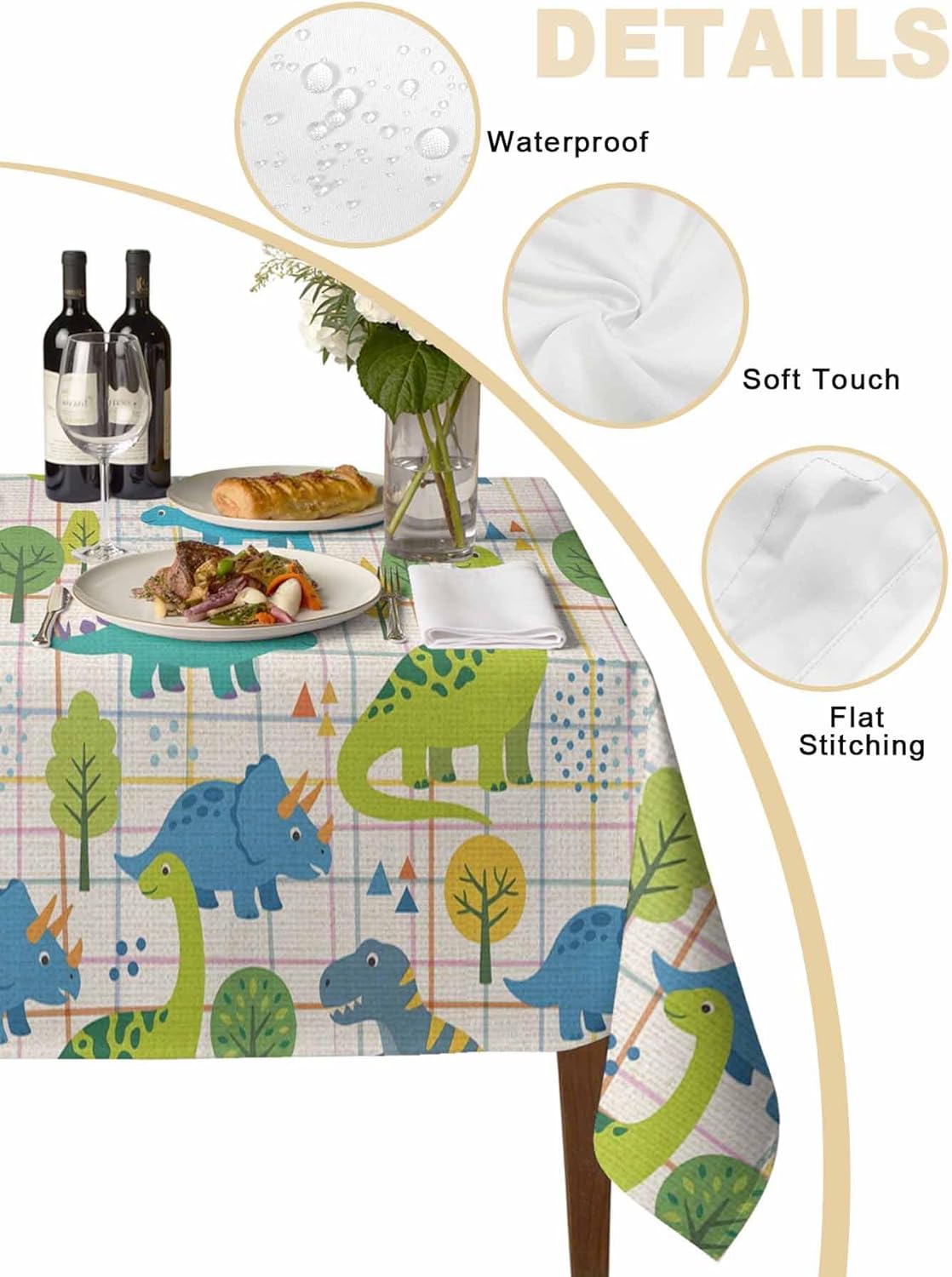 Children's Day Waterproof Table Cloth Cartoon Green Dinosaurs Geometric Tree Beige Plaid Waterproof & Wrinkle Table Cover, Washable Polyester Soft Fabric Table Cloth for Outdoor Indoor Parties