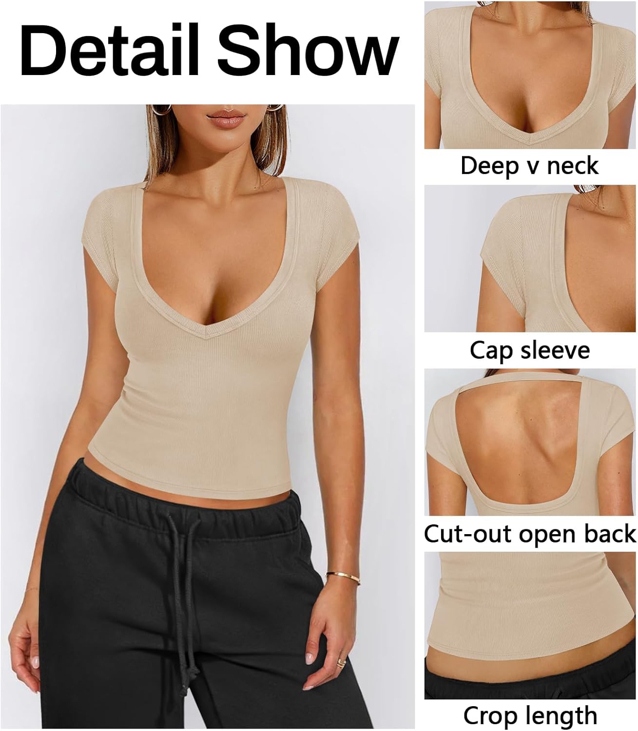 Womens Deep V Neck T Shirts for Women Ribbed Knit Slim Short Cap Sleeve Tee Casual Backless Workout Going Out Tops - Image 4