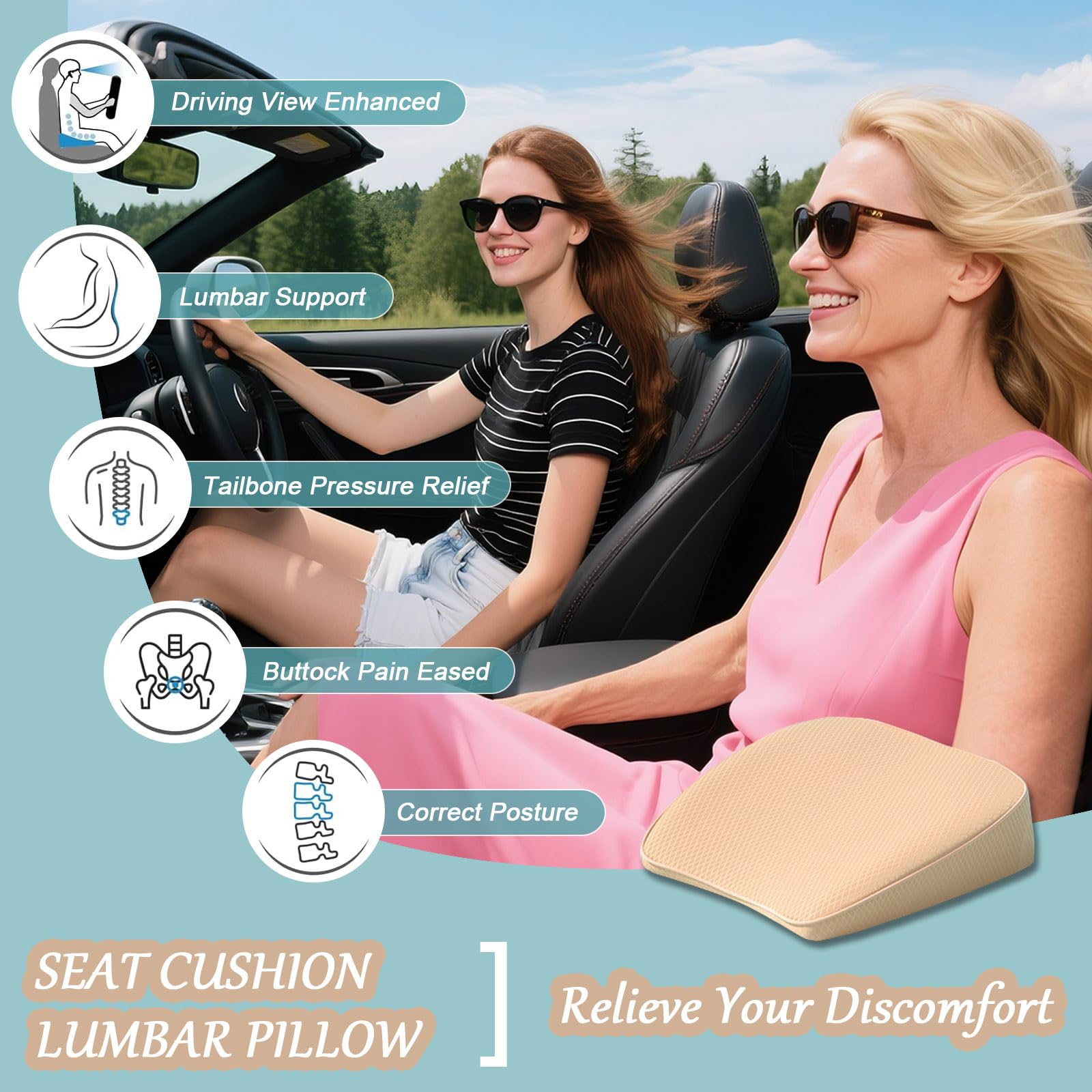 2 in 1 Cuscino Sedile Auto Guidatore o Cuscino Lombare - Cuscino Rialzo Sedile Auto di Memory Foam da 8 cm - Cuscino Seggiolino Auto Comfort Cuscino per Auto Seduta Guidatore, Beige