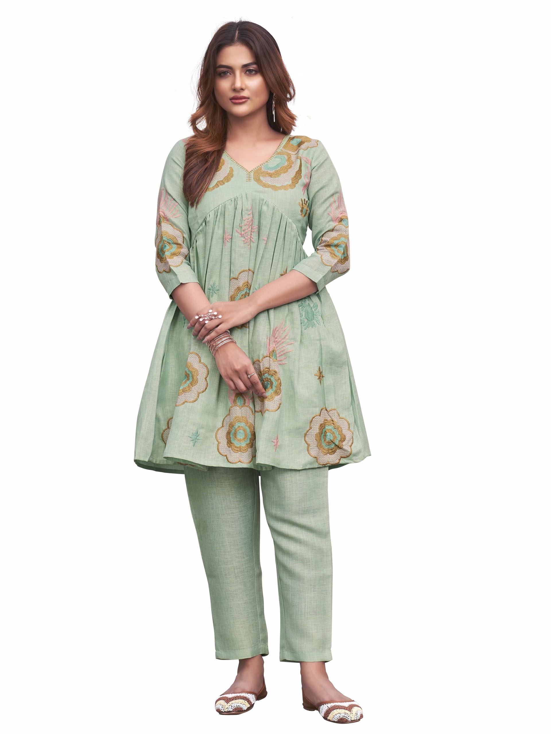 Womanista Women's Linen Solid Regular Embroidered Co-Ord Set 9143_Sea Green