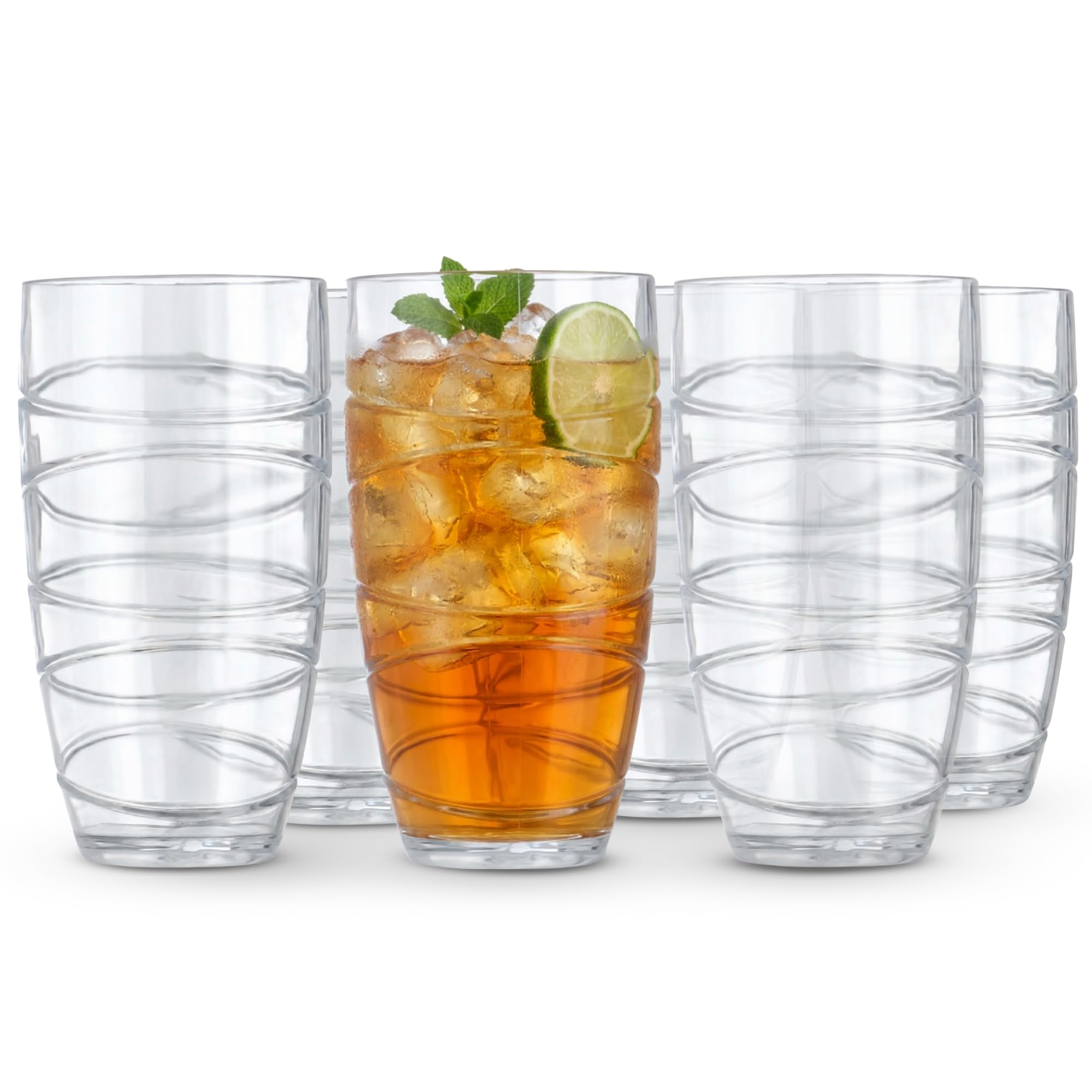 LIVIVO Set of 6 Hi Ball Plastic Acrylic Drink Tumblers with Swirl Design - Stackable Glasses for Picnics, BBQ’s, Poolside, Camping, Children’s Parties or Just Everyday Use (Set of 6, Transparent)