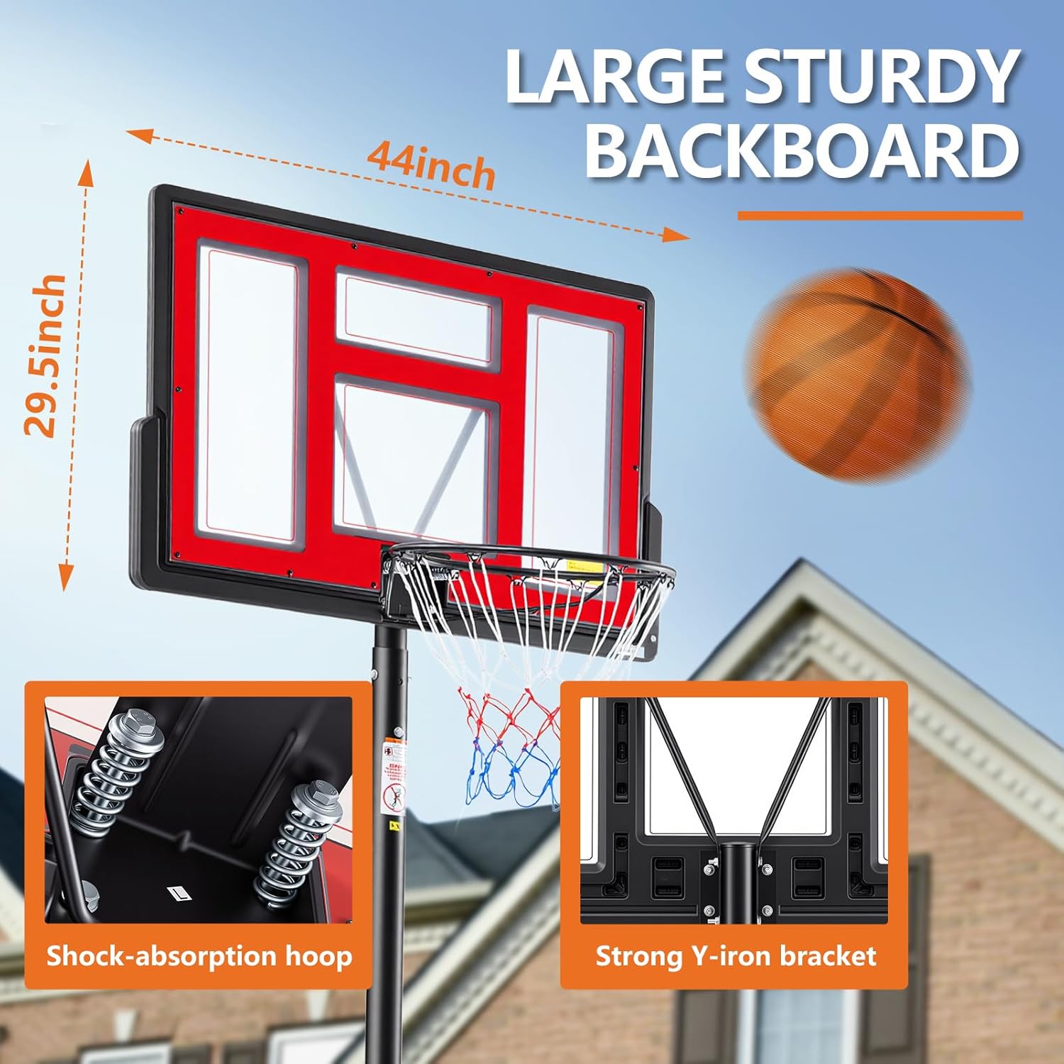 Sweetcrispy Portable Basketball Hoop Outdoor 6.1-10FT Adjustable Height, 44 Inch Shatterproof Backboard/Shock Absorbent Rim, Fillable Base, 2 Wheels for Backyard/Driveway