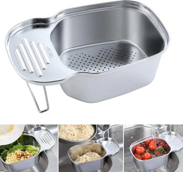 Sink Drainer Basket Stainless Steel Colander Strainer Basket Over The Sink Filter Food Strainers Saddle Shape Leftovers Filter Multifunctional Sink Storage Rack Holder for Kitchen Bathroom