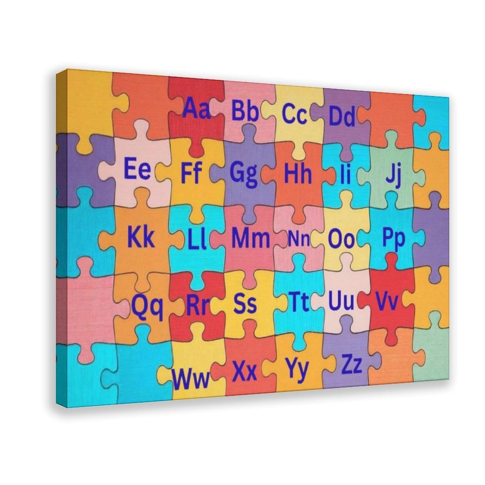 Décoration éducative en forme de lettres de l'alphabet pour enfants dans un puzzle - Poster sur toile - Décoration de chambre à coucher, bureau, chambre - Cadeau - 40 x 60 cm