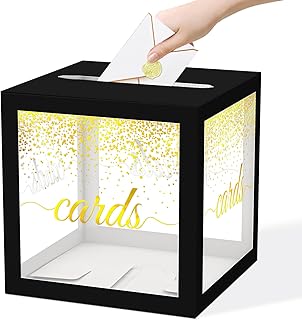 Clear Black Card Box for Party, 8.7" Gold Foil Gift Cards Receiving Box Holder for Wedding, Bridal Shower, Graduation, Birthday, Retirement, Baby Shower, Anniversaries Party Decorations