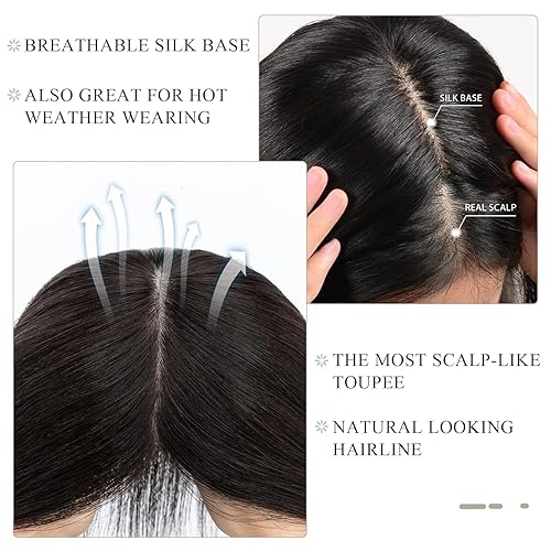 Miniatura 102 de Hairro 100% Real Human Hair Toppers for Women No Bang, Clip in Real Hairpieces, Breathable Silk Base for Covering Greyish Thinning Hair Loss on Top