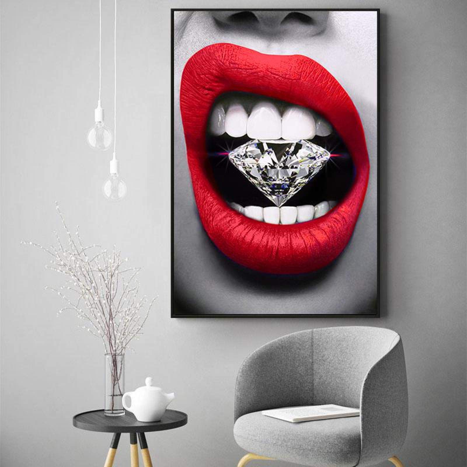 Sexy Beauty Red Lip con pintura de lienzo de diamante carteles e impresiones Cuadros arte de pared para sala de estar decoración del hogar 60x90cm InternalFrame