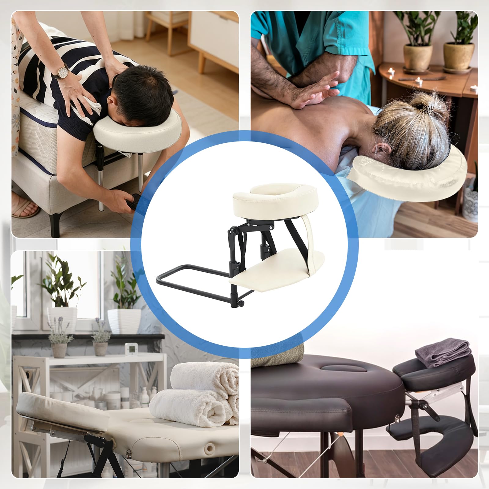 Perfeclan Oreiller de Massage Facial avec Support Réglable, Appui-Tête Ergonomique pour Matelas, Hauteur Ajustable, Kit de Massage Facial Complet avec Planche Mains et Coussin Cuir PU, Beige Blanc