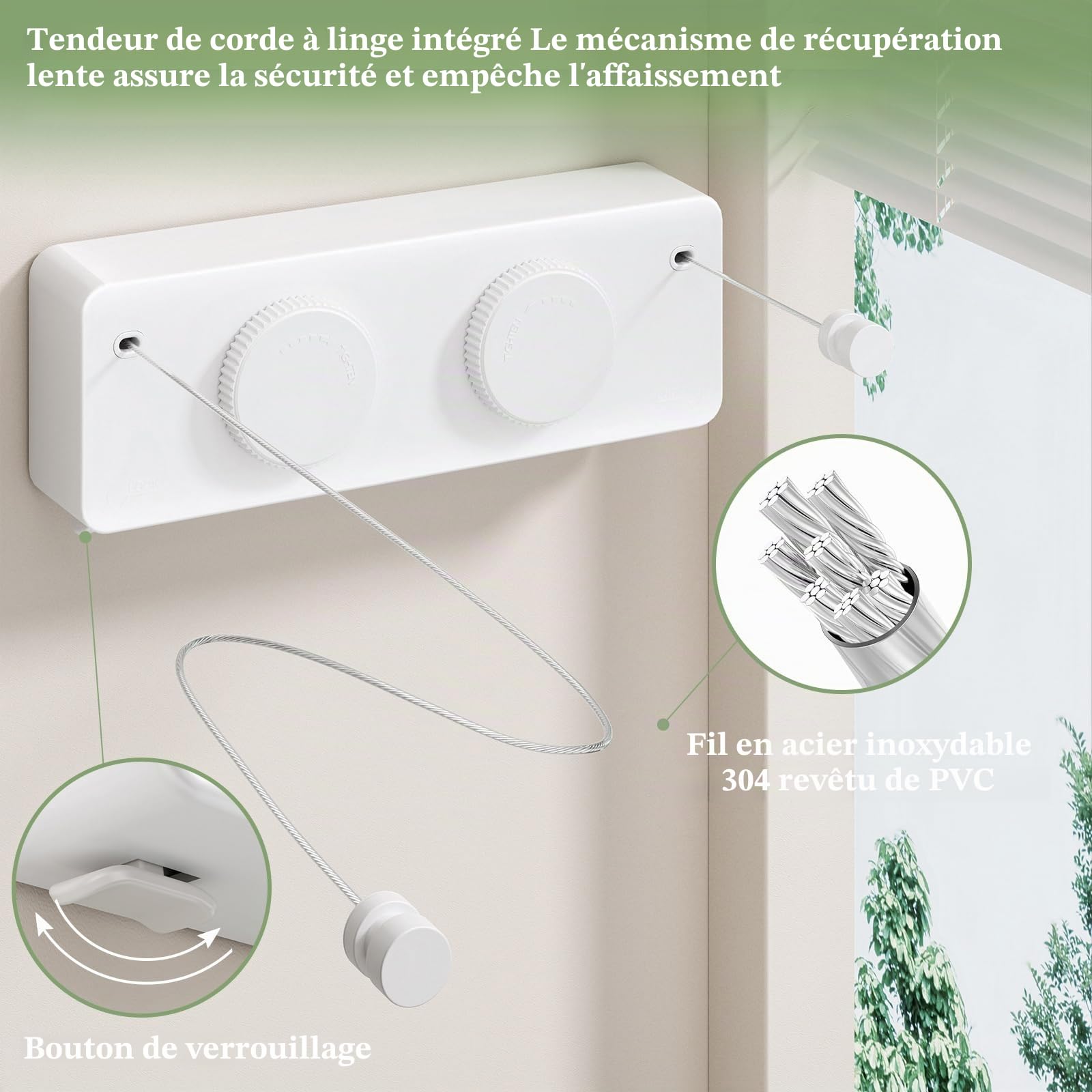 Danpoo Corde à Linge rétractable, 2 Fils à Linge de 4,2 m en Acier InoxydableLigne à Linge très résistante pour l'intérieur et l'extérieur, Étendoir à Linge rétractable à Suspendre, Blanc