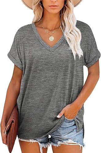 NEYOUQE Camiseta básica de verano de manga corta con cuello en V para mujer, para entrenamiento, a la moda, lisas, camisetas tipo túnica