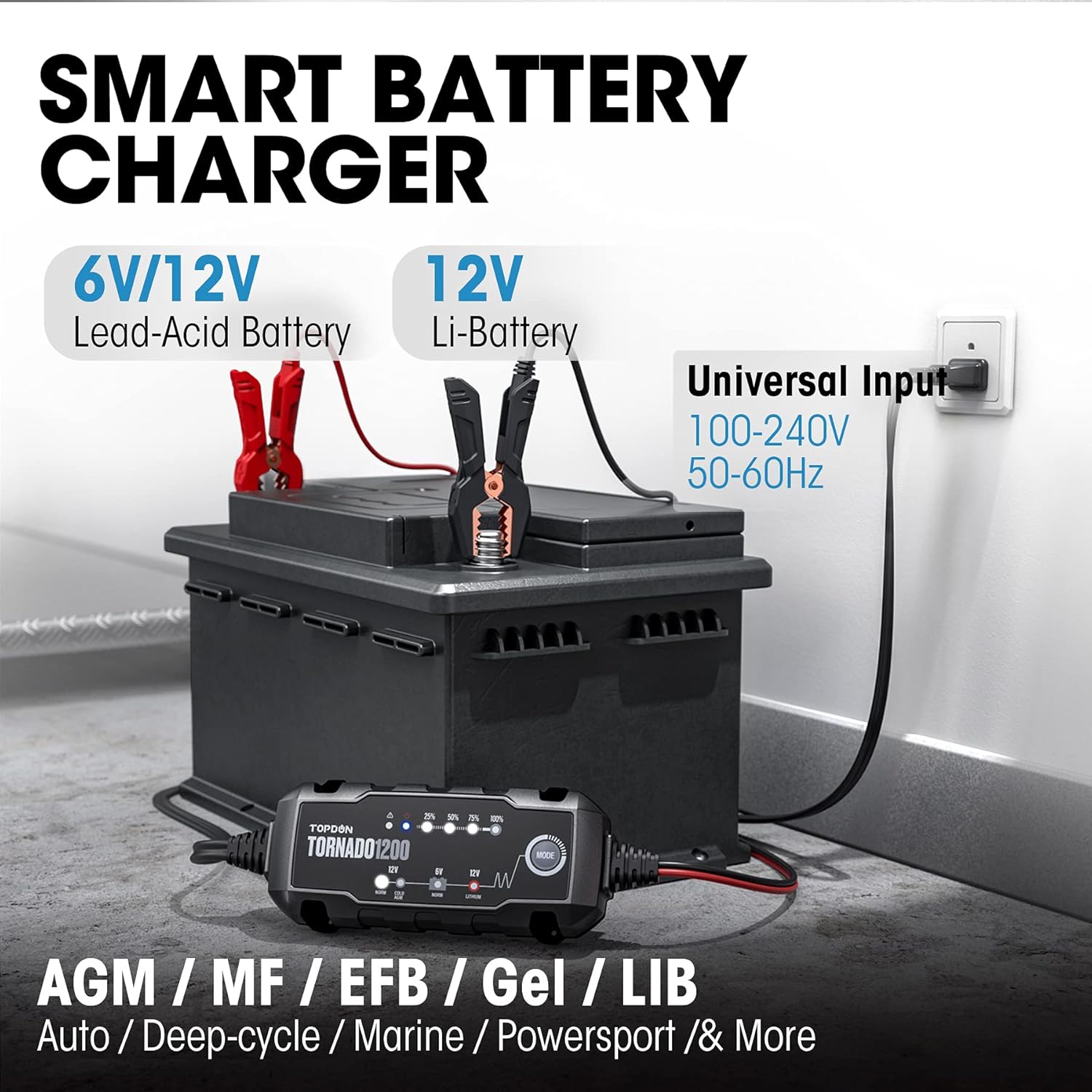 TOPDON TORNADO1200 Smart Battery Charger connected to a battery