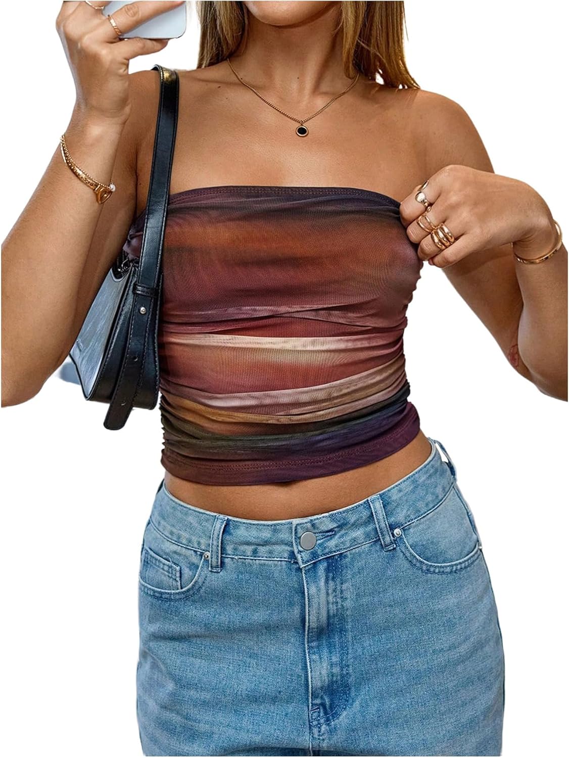 OYOANGLE Women's Tie Dye Ruched Strapless Tube Top Party Sleeveless Going Out Bandeau Crop Tops